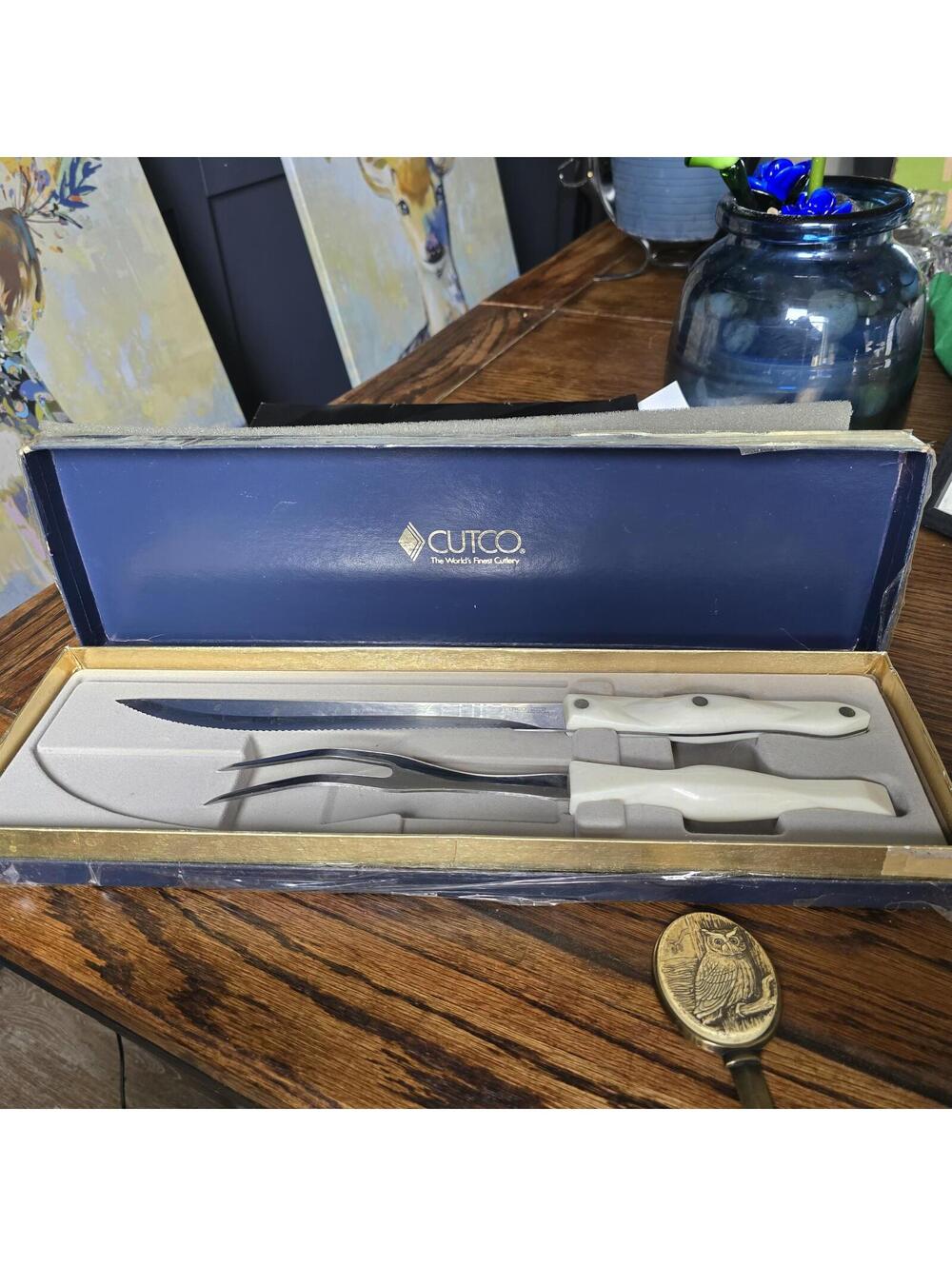Vtg Cutco Carving Set Serrated Knife & Fork Org Hinged Presentation Box READ